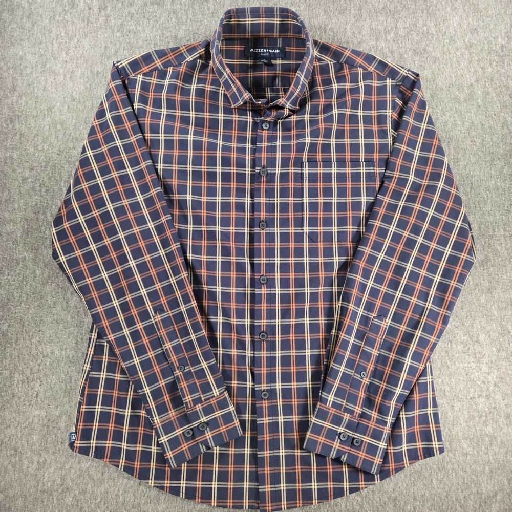 Mizzen+Main Leeward Shirt Mens Large Trim No Tuck Blue Orange Plaid Performance